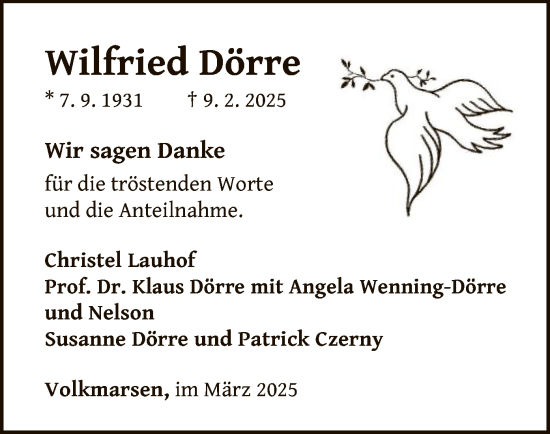 Traueranzeige von Wilfried Dörre von WLZ