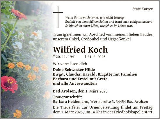 Traueranzeige von Wilfried Koch von WLZ