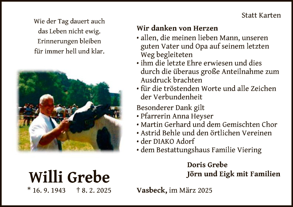 Traueranzeige für Willi Grebe vom 29.03.2025 aus WLZ