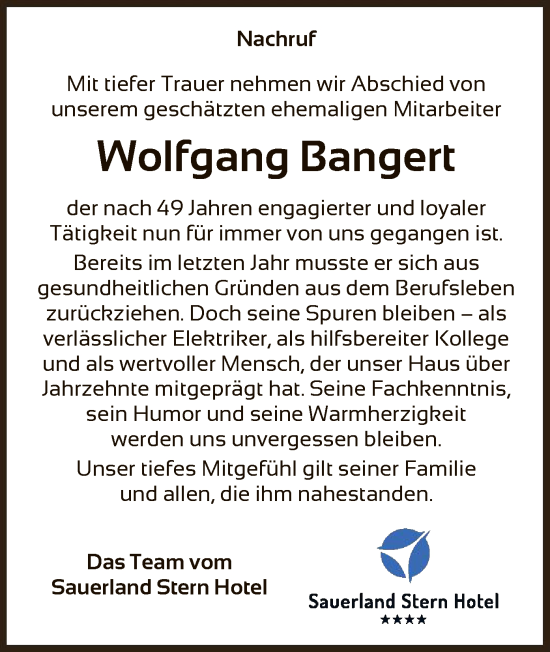 Traueranzeige von Wolfgang Bangert von WLZ