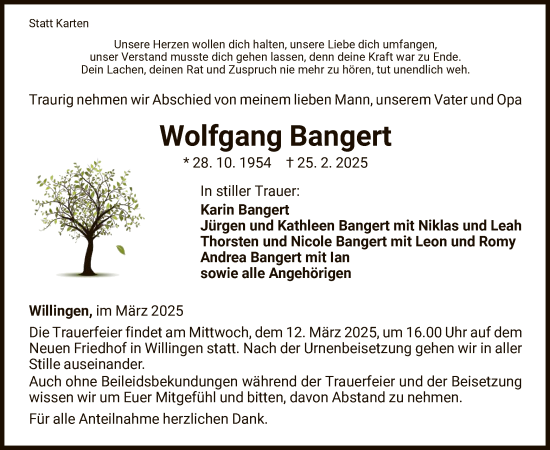 Traueranzeige von Wolfgang Bangert von WLZ