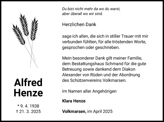 Traueranzeige von Alfred Henze von WLZ