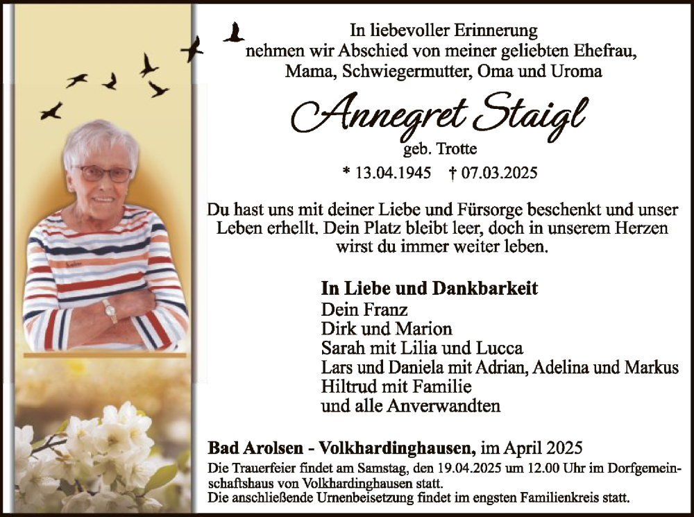  Traueranzeige für Annegret Staigl vom 12.04.2025 aus WLZ