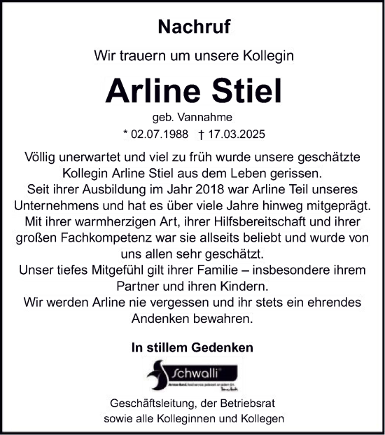 Traueranzeige von Arline Stiel von WLZ