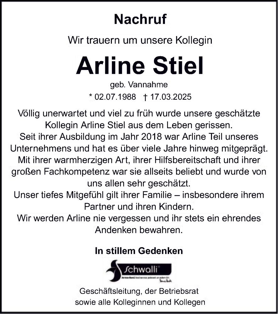  Traueranzeige für Arline Stiel vom 09.04.2025 aus WLZ