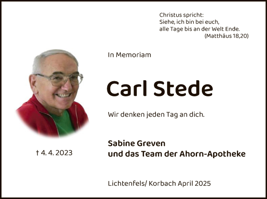 Traueranzeige von Carl Stede von WLZ