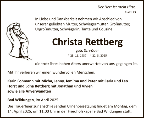 Traueranzeige von Christa Rettberg von WLZ