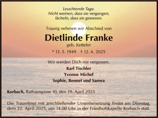 Traueranzeige von Dietlinde Franke von WLZ