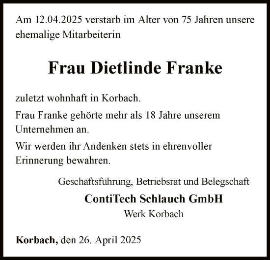 Traueranzeige von Dietlinde Franke von WLZ
