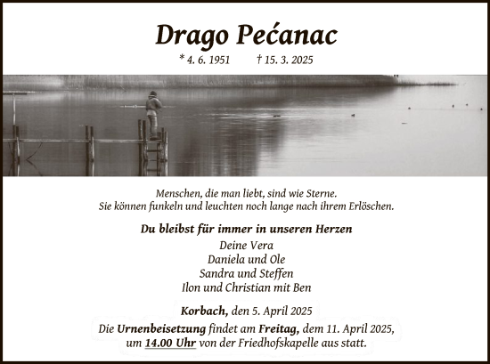 Traueranzeige von Drago Pecanac von WLZ