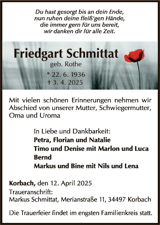 Traueranzeige von Friedgart Schmittat von WLZ