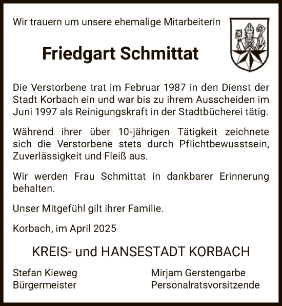 Traueranzeige von Friedgart Schmittat von WLZ