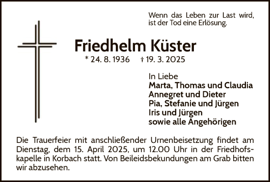 Traueranzeige von Friedhelm Küster von WLZ