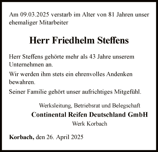 Traueranzeige von Friedhelm Steffens von WLZ
