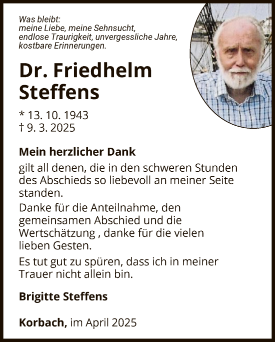 Traueranzeige von Friedhelm Steffens von WLZ