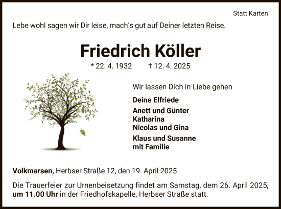 Traueranzeige von Friedrich Köller von WLZ