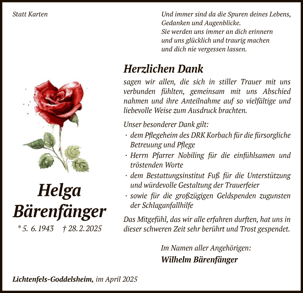  Traueranzeige für Helga Bärenfänger vom 26.04.2025 aus WLZ