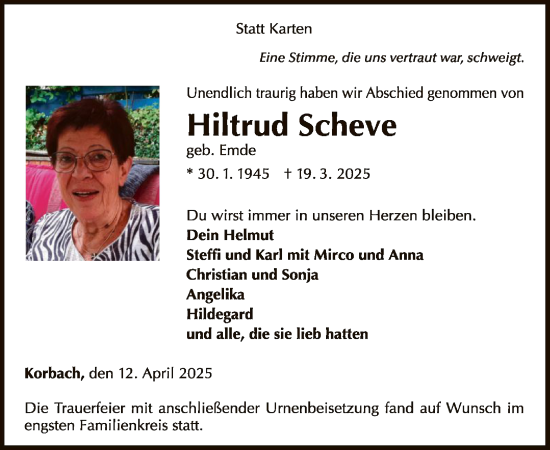 Traueranzeige von Hiltrud Scheve von WLZ