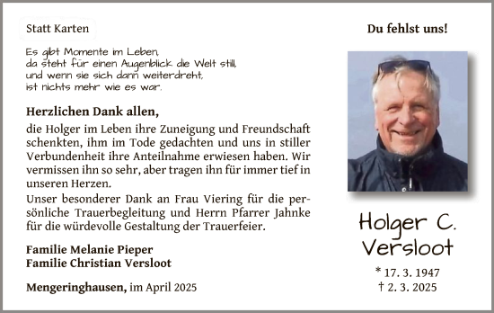 Traueranzeige von Holger C. Versloot von WLZ