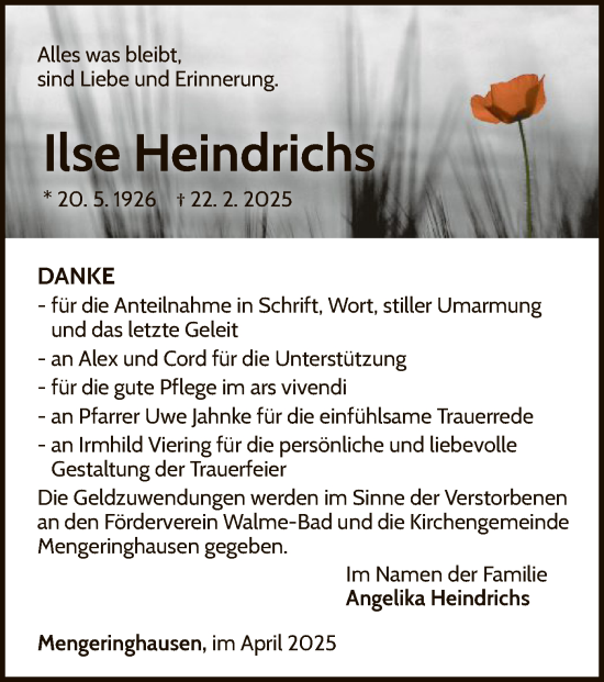 Traueranzeige von Ilse Heindrichs von WLZ