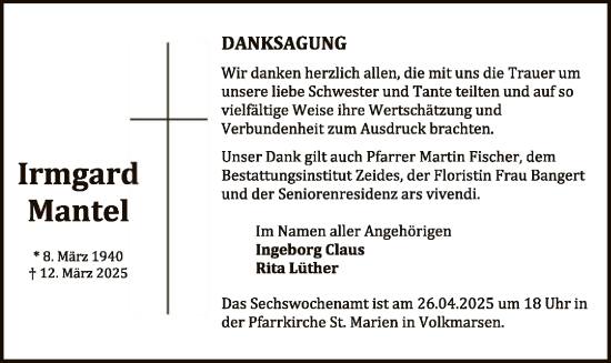Traueranzeige von Irmgard Mantel von WLZ