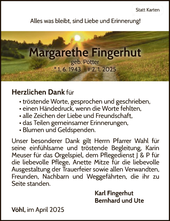Traueranzeige von Margarethe Fingerhut von WLZ