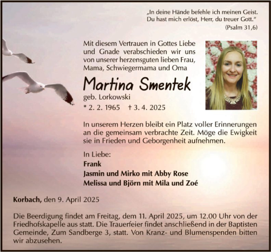 Traueranzeige von Martina Smentek von WLZ