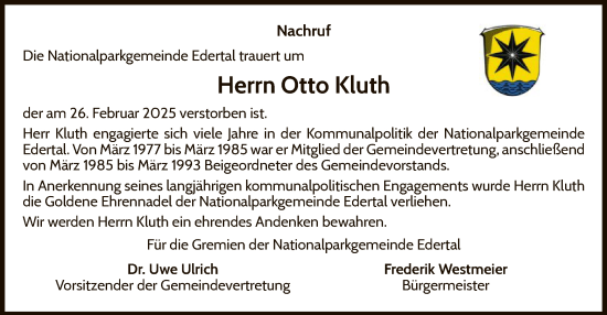 Traueranzeige von Otto Kluth von WLZ