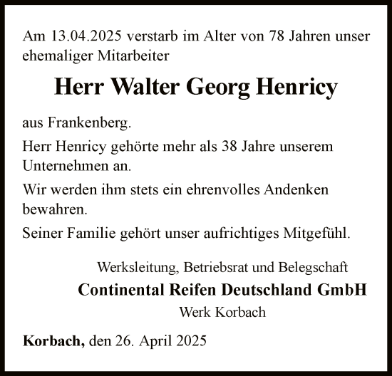 Traueranzeige von Walter Georg Henricy von WLZ