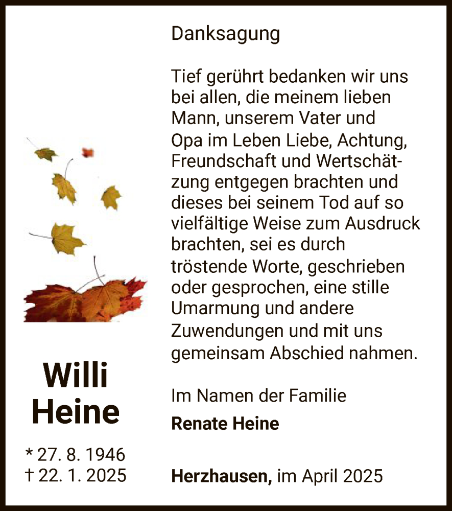  Traueranzeige für Willi Heine vom 05.04.2025 aus WLZ
