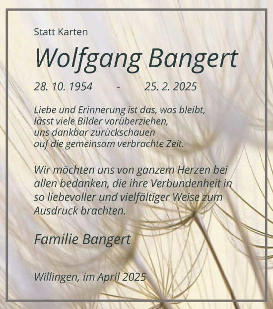 Traueranzeige von Wolfgang Bangert von WLZ