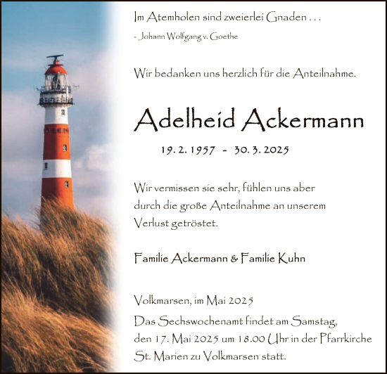 Traueranzeige von Adelheid Ackermann von WLZ