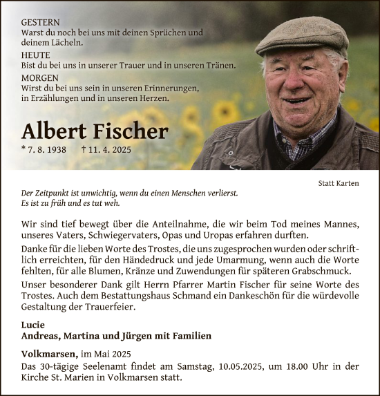 Traueranzeige von Albert Fischer von WLZHNA