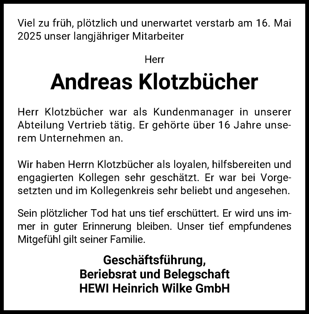 Traueranzeige für Andreas Klotzbücher vom 30.05.2025 aus WLZ