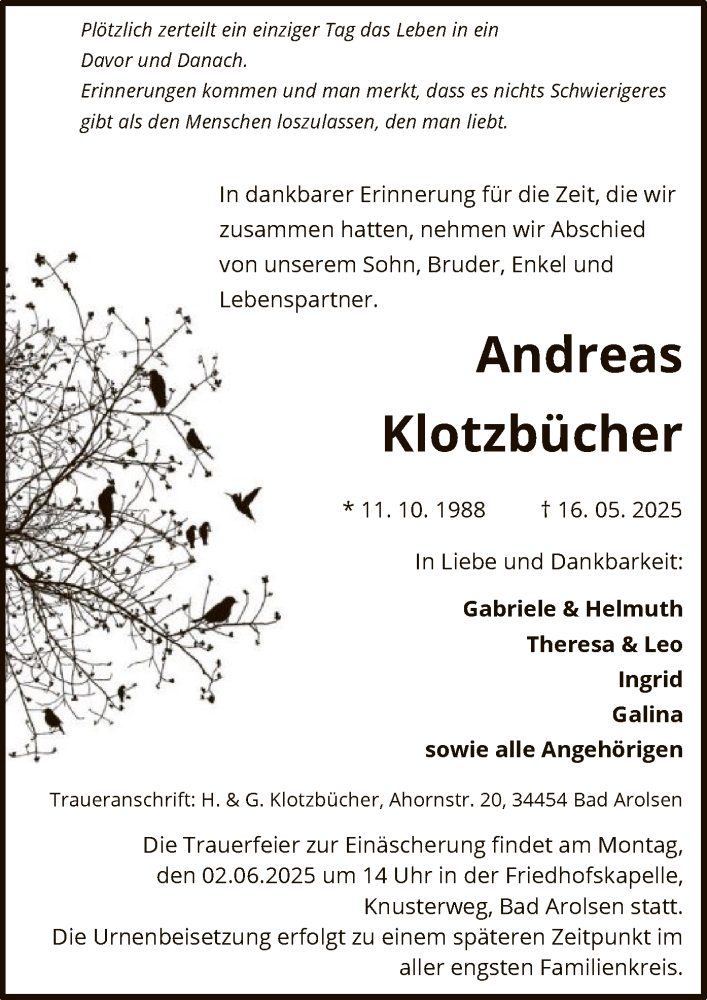 Traueranzeige für Andreas Klotzbücher vom 30.05.2025 aus WLZ