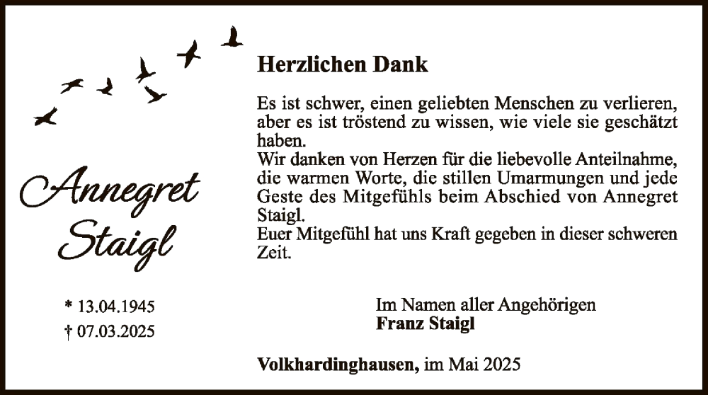  Traueranzeige für Annegret Staigl vom 10.05.2025 aus WLZ