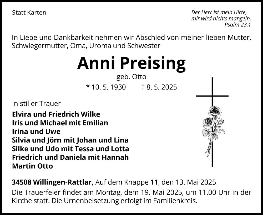  Traueranzeige für Anni Preising vom 13.05.2025 aus WLZ