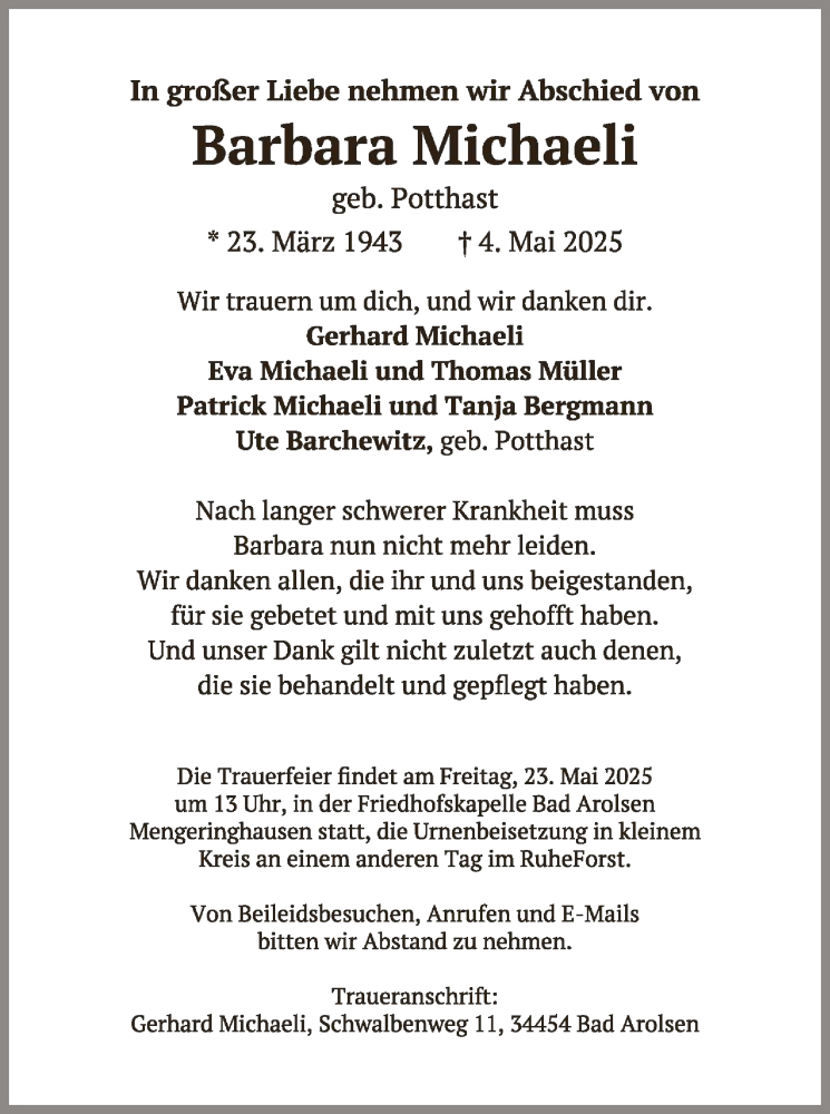  Traueranzeige für Barbara Michaeli vom 17.05.2025 aus WLZ