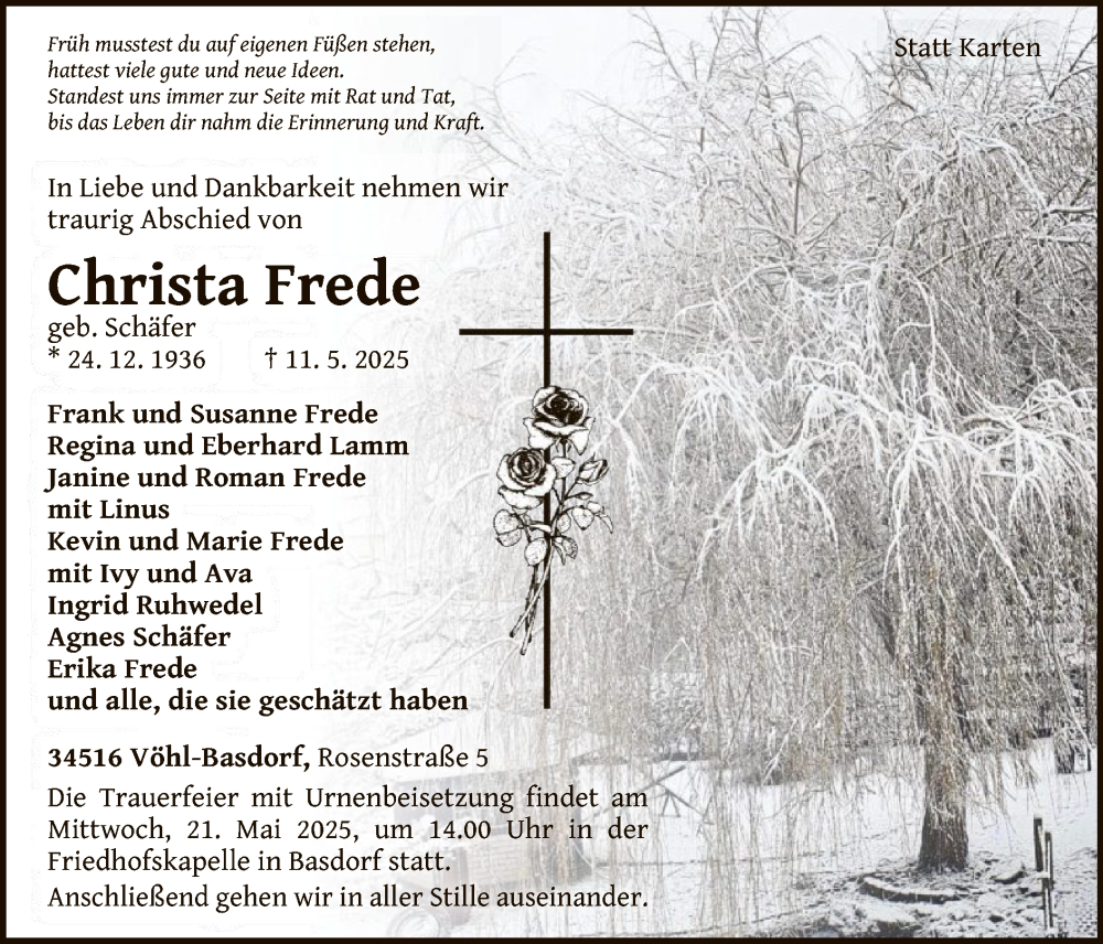  Traueranzeige für Christa Frede vom 17.05.2025 aus WLZ
