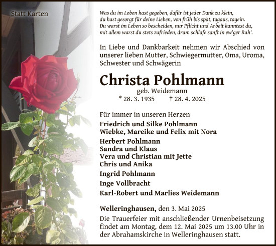 Traueranzeige von Christa Pohlmann von WLZ