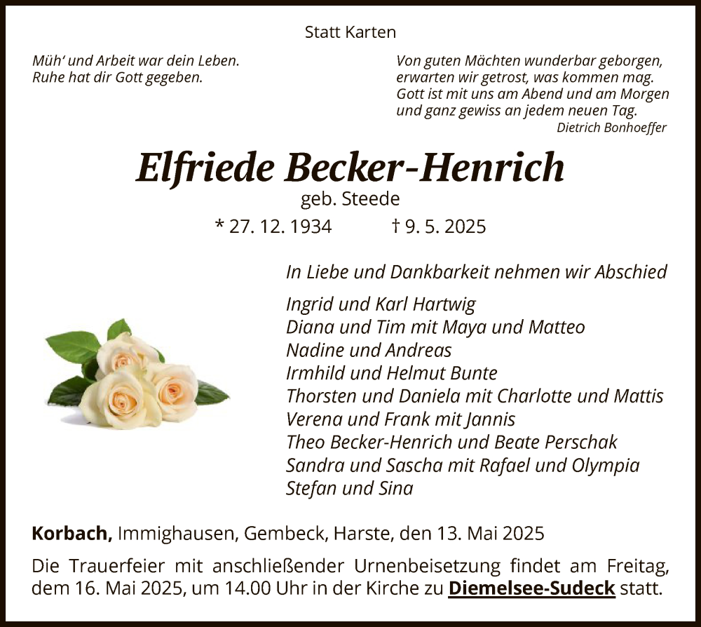  Traueranzeige für Elfriede Becker-Henrich vom 13.05.2025 aus WLZ