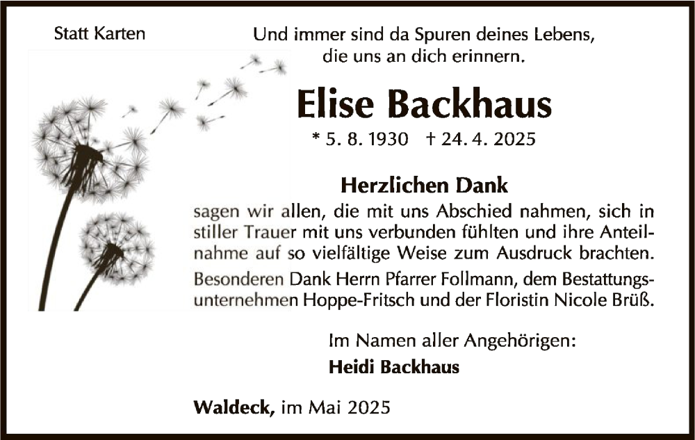  Traueranzeige für Elise Backhaus vom 31.05.2025 aus WLZ