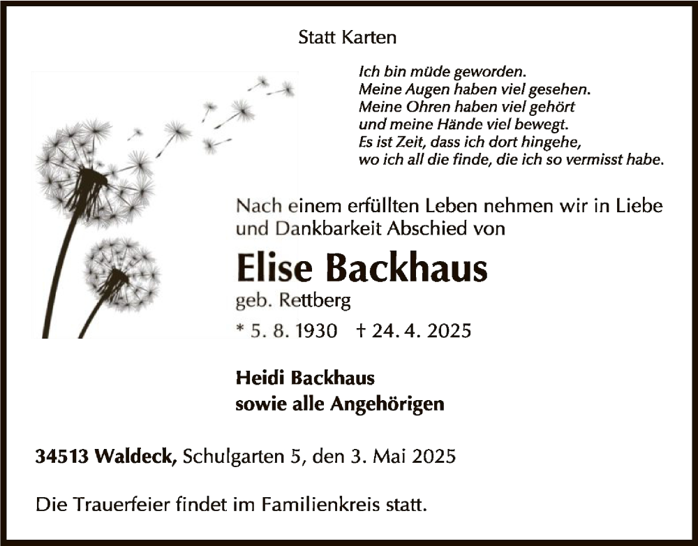  Traueranzeige für Elise Backhaus vom 03.05.2025 aus WLZ