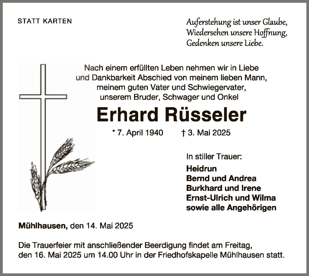  Traueranzeige für Erhard Rüsseler vom 14.05.2025 aus WLZ