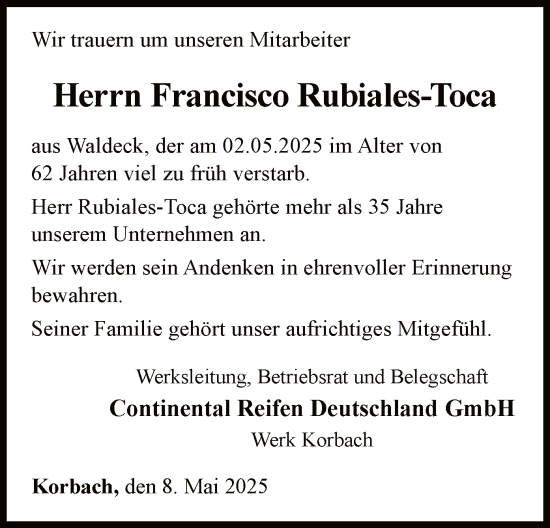 Traueranzeige von Francisco Rubiales-Toca von WLZ