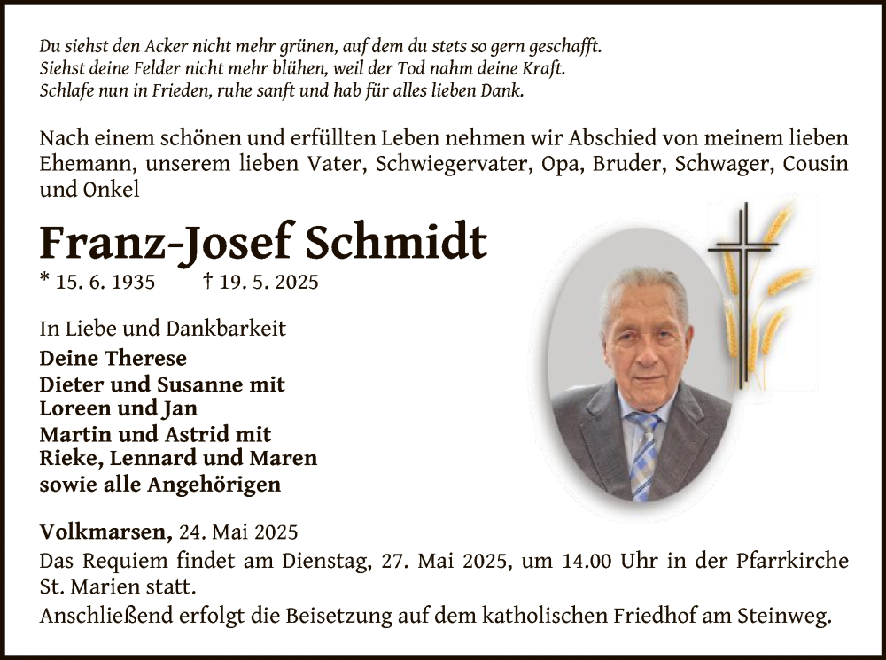  Traueranzeige für Franz-Josef Schmidt vom 24.05.2025 aus WLZ
