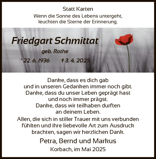 Traueranzeige von Friedgart Schmittat von WLZ
