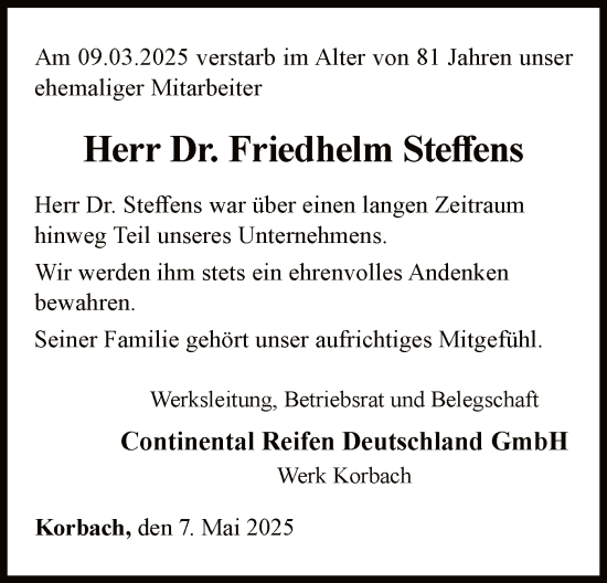 Traueranzeige von Friedhelm Steffens von WLZ
