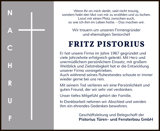 Traueranzeige von Fritz Pistorius von WLZ