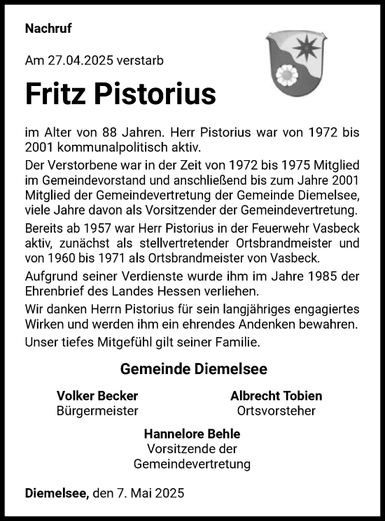 Traueranzeige von Fritz Pistorius von WLZ